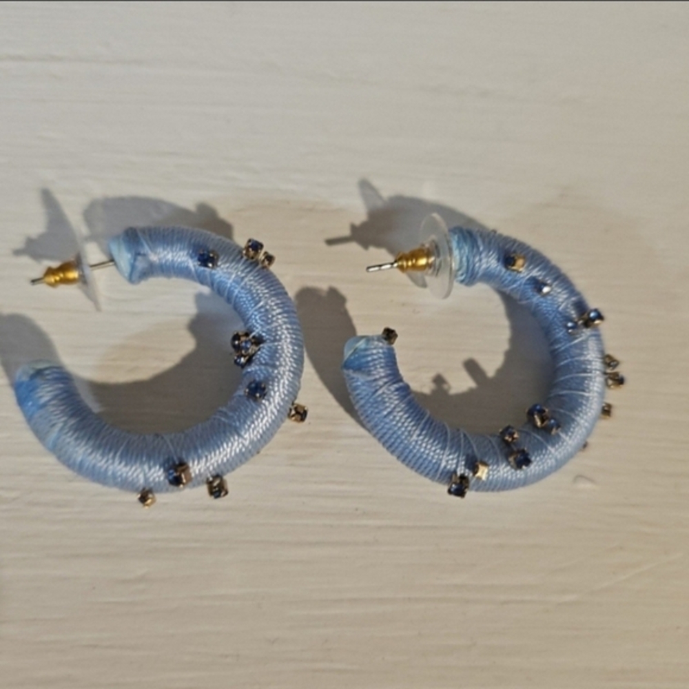 Sugarfix by Baublebar Light‎ Blue Thread Wrapped Rhinestone Hoop Earrings Post
